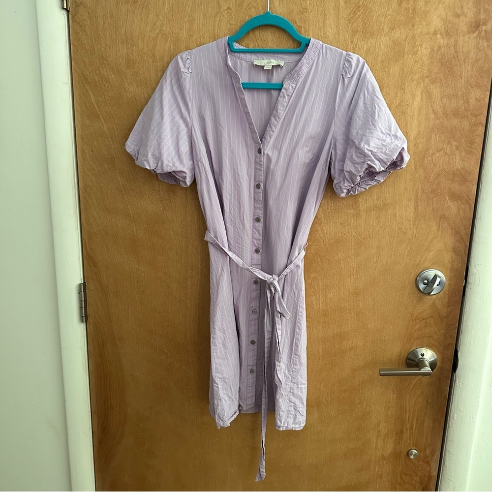 LOFT Striped Puff Sleeve Shirtdress